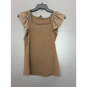 Express Taupe Brown Flutter Sleeve Square Neck Smocked Knit Top Medium